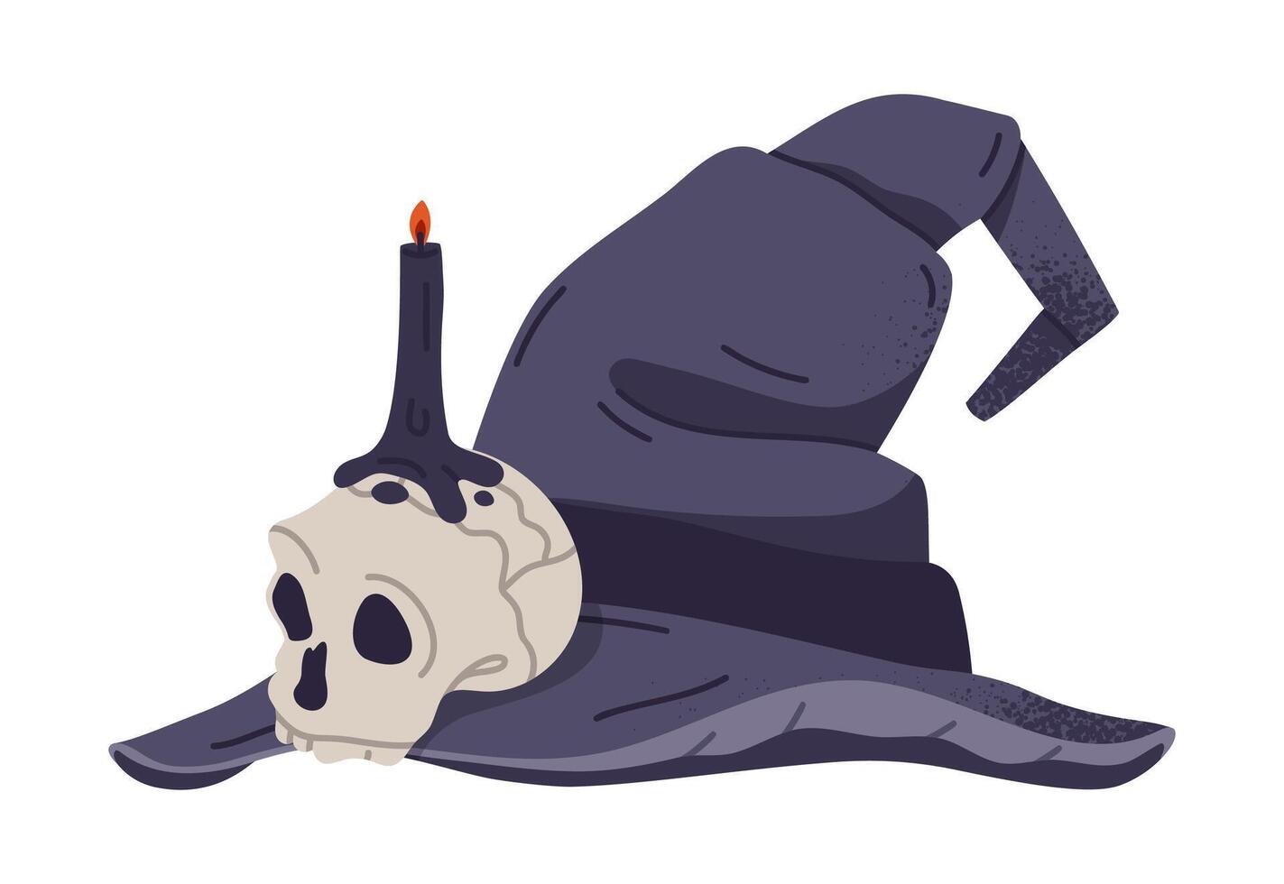Halloween witch pointy hat. Cartoon wizard hat decorated with skull and candle, trick or treat october party magic costume element flat illustration. Scary magician hat vector