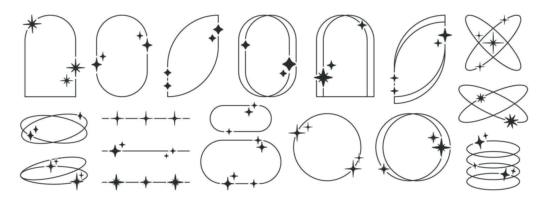 Modern y2k frames. Minimalist abstract shapes with stars and sparkles, trendy y2k aesthetic shapes, outline arch frames flat illustration set. Geometric design frames vector