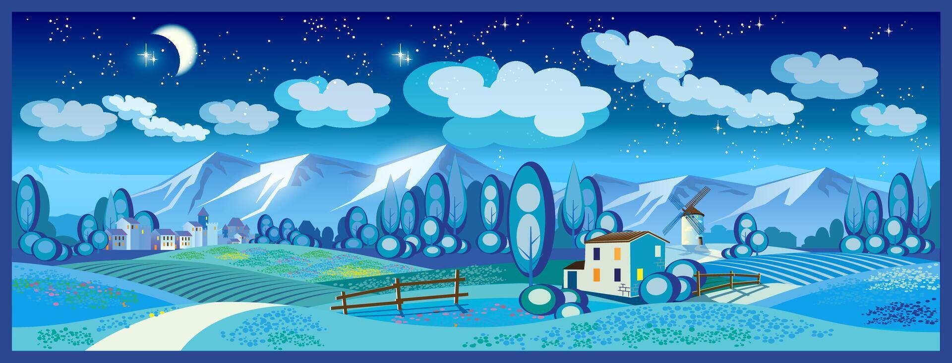Village, farming, beautiful landscape of fields and mountains at night. Seamless horizontally if needed vector