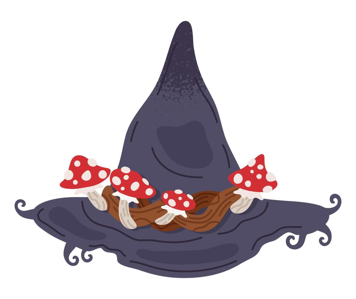 Witch fly agarics pointy hat. Halloween party magician costume element, spooky wizard amanita mushroom decorated hat flat illustration. Creepy magician hat on white vector