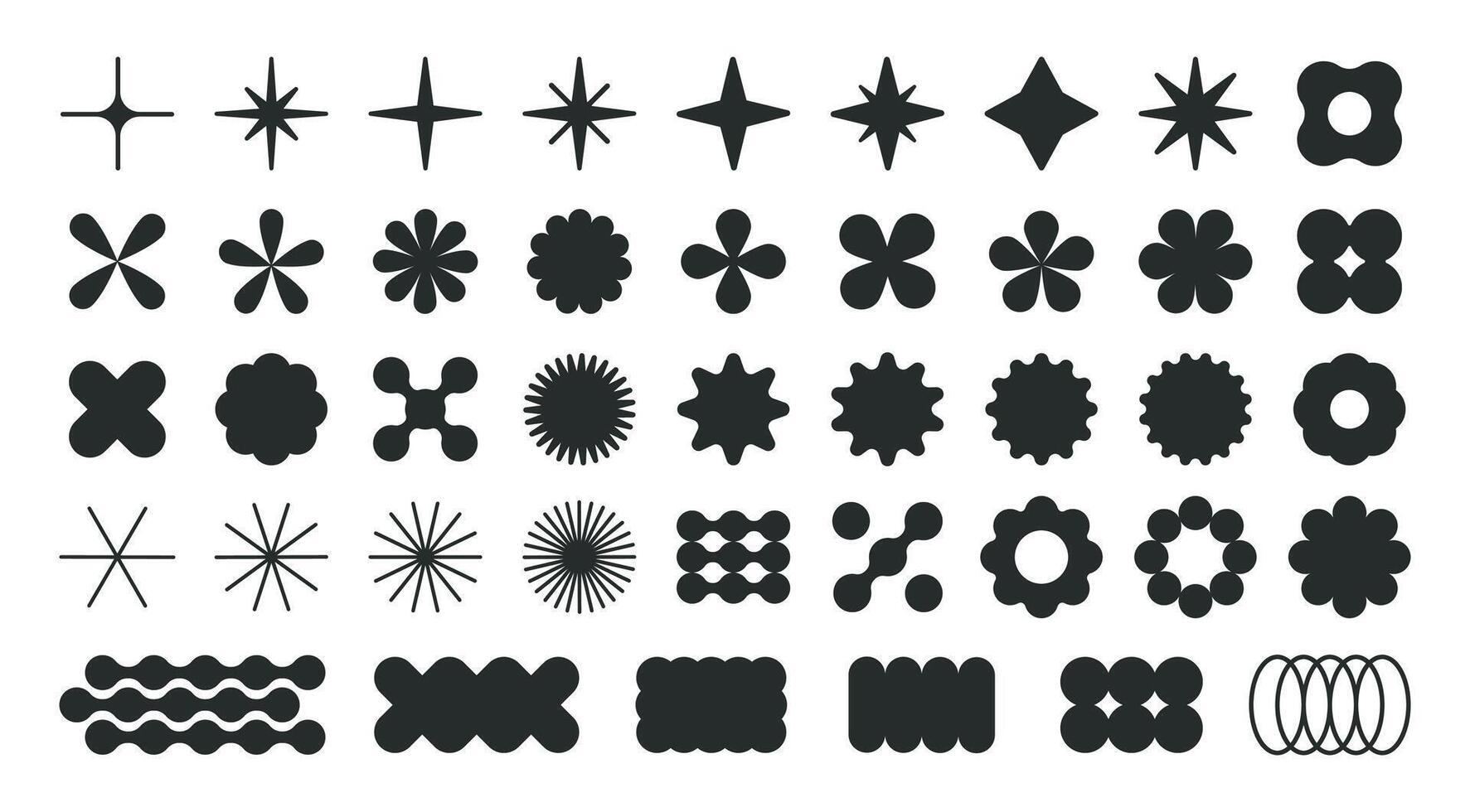 Abstract brutalist shapes. Geometric contemporary y2k figures, bauhaus graphic elements, star, circle and flower shapes flat Illustration set. Modern design shapes collection vector