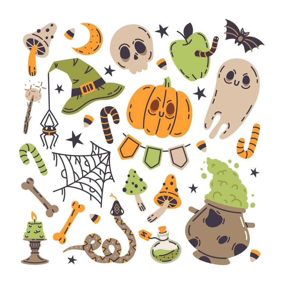 Víspera de Todos los Santos escalofriante simbolos octubre Días festivos tradicional elementos, fantasma, calabaza, cráneo y bruja veneno caldera plano ilustración colocar. mano dibujado de miedo otoño colección vector