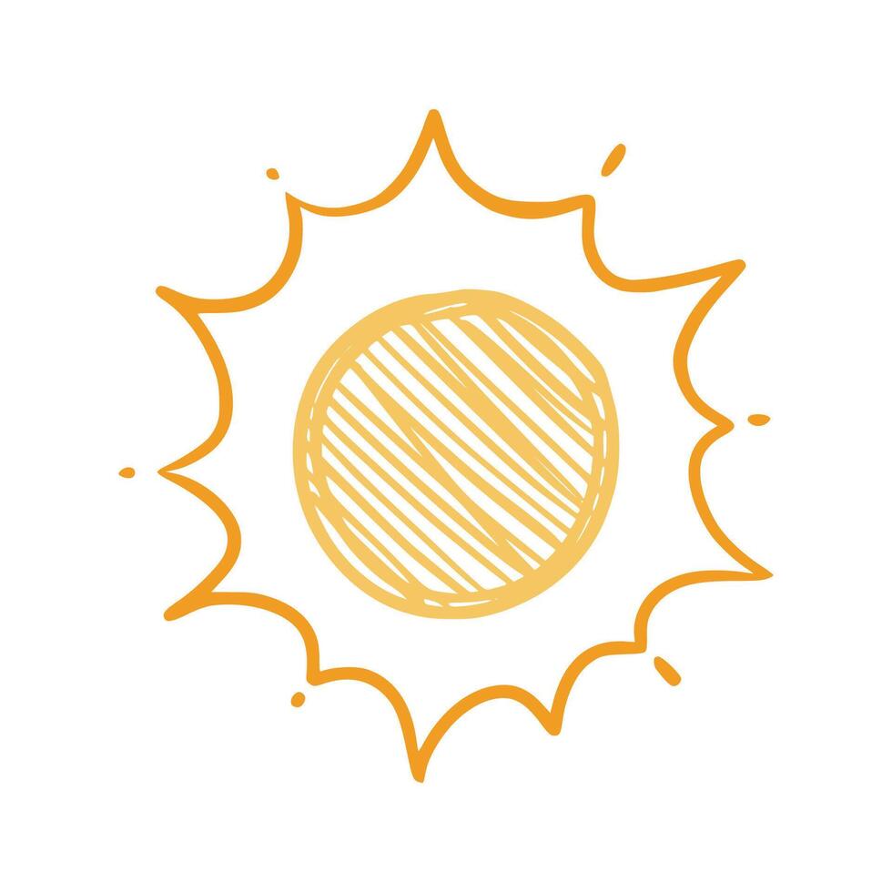 Doodle sun sketch illustration. Hand drawn cute orange sunshine. Scribble doodle children drawn style. vector