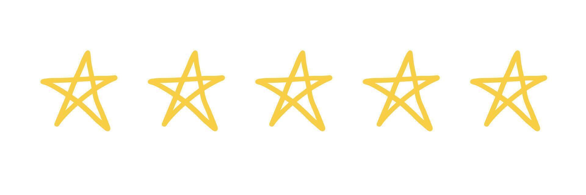 Five star doodle. Hand drawn quality, review yellow five star illustration. Award, quality, feedback concept elements. Sketch grunge style. Isolated vector