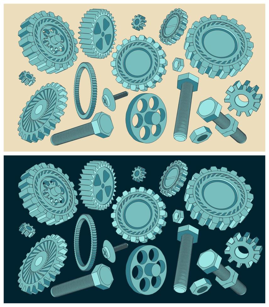 Set of retro sketches of various gears vector