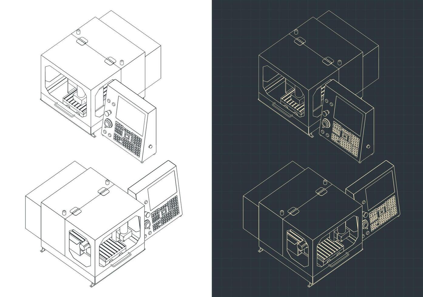 Desktop CNC router machine isometric blueprints vector