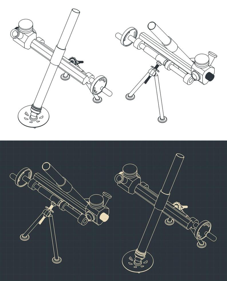 Mortar weapon system isometric blueprints vector
