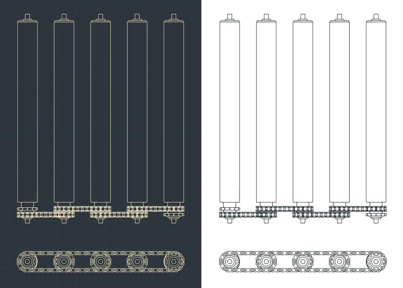 Chain transmission in a roller conveyor blueprints vector
