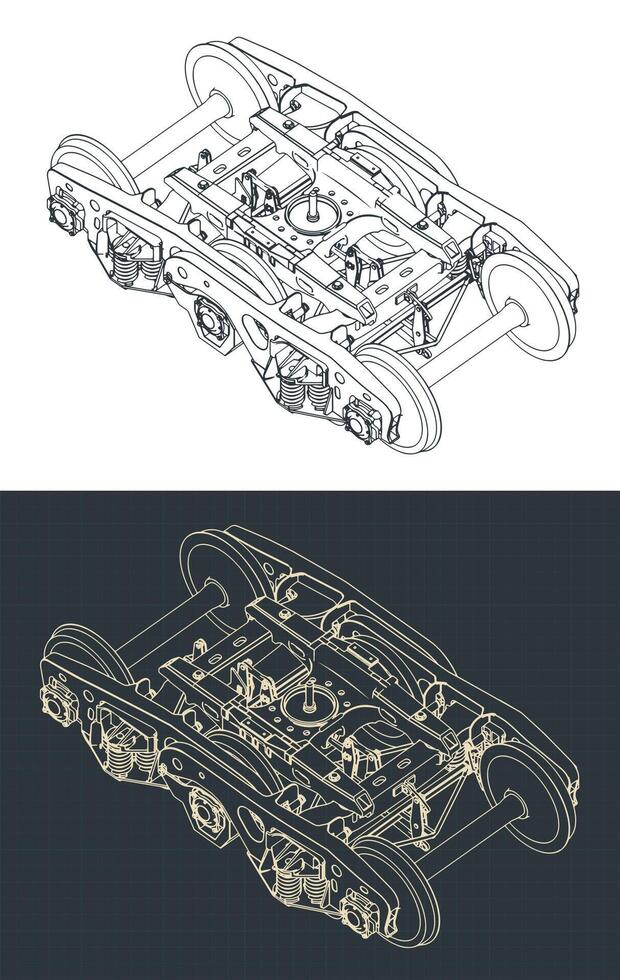 Train wheelbase isometric blueprints vector