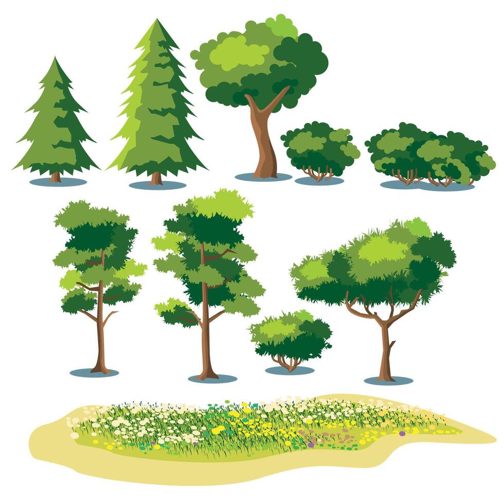 Set of stylized plants. shrubs, trees and fields with grass and blooming flowers vector