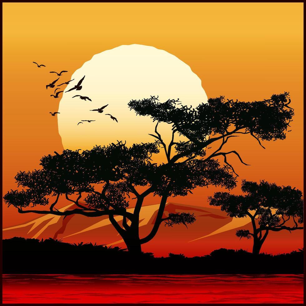 Tree at sunset vector