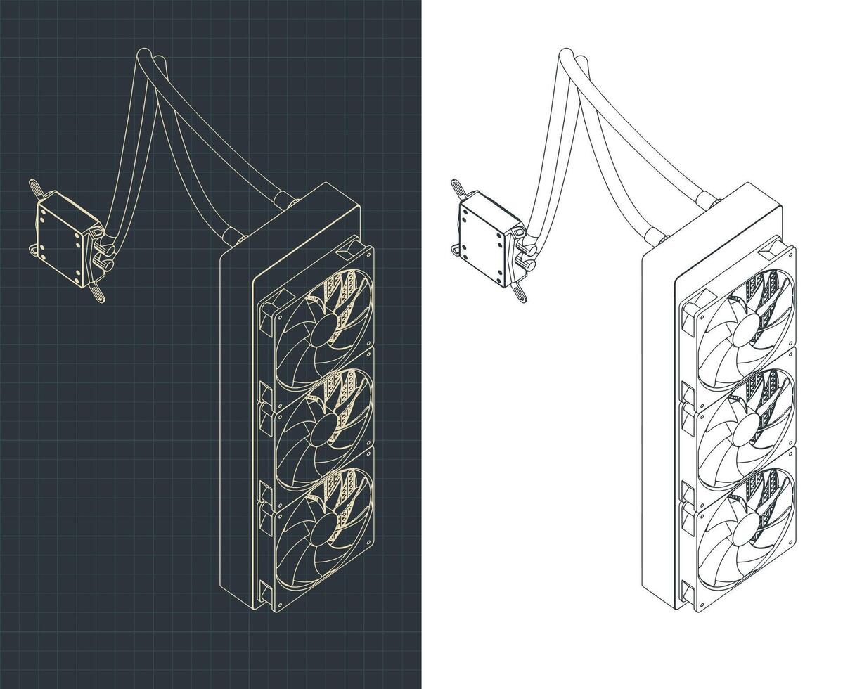 Liquid cooling system isometric blueprints vector