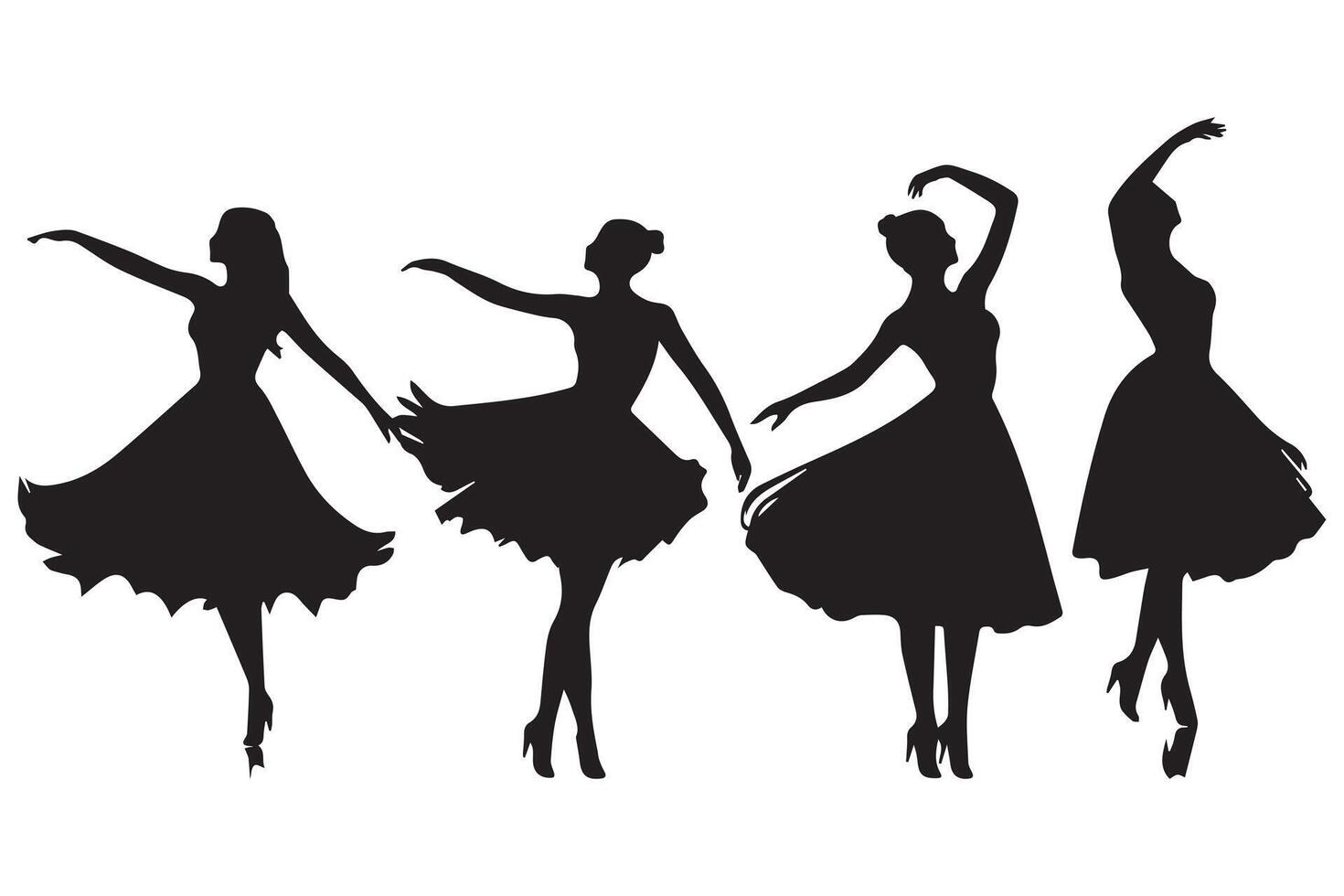 Dancing Girl Group Black Silhouette Female Figure Isolated Over White Background Illustration vector