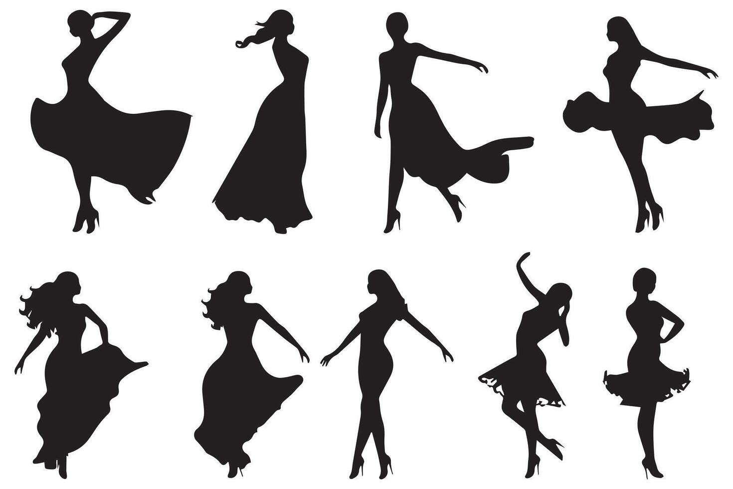 Dancing Girl Group Black Silhouette Female Figure Isolated Over White Background Illustration vector