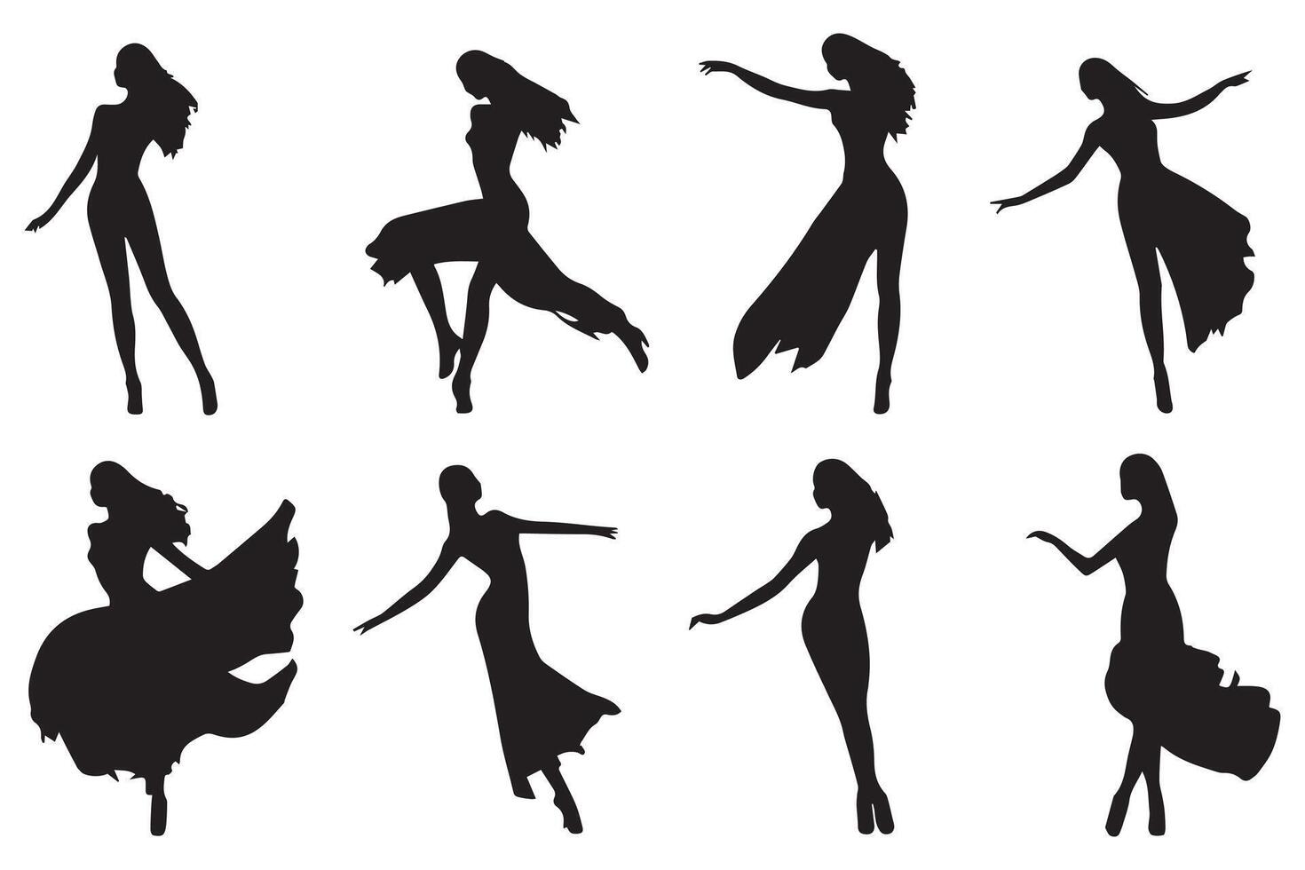 set of Black silhouette dancer girl white background vector