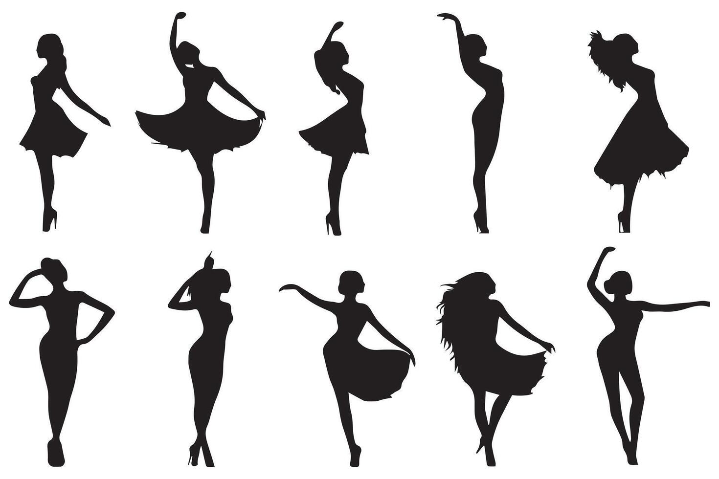 Dancing Girl Group Black Silhouette Female Figure Isolated Over White Background Illustration vector