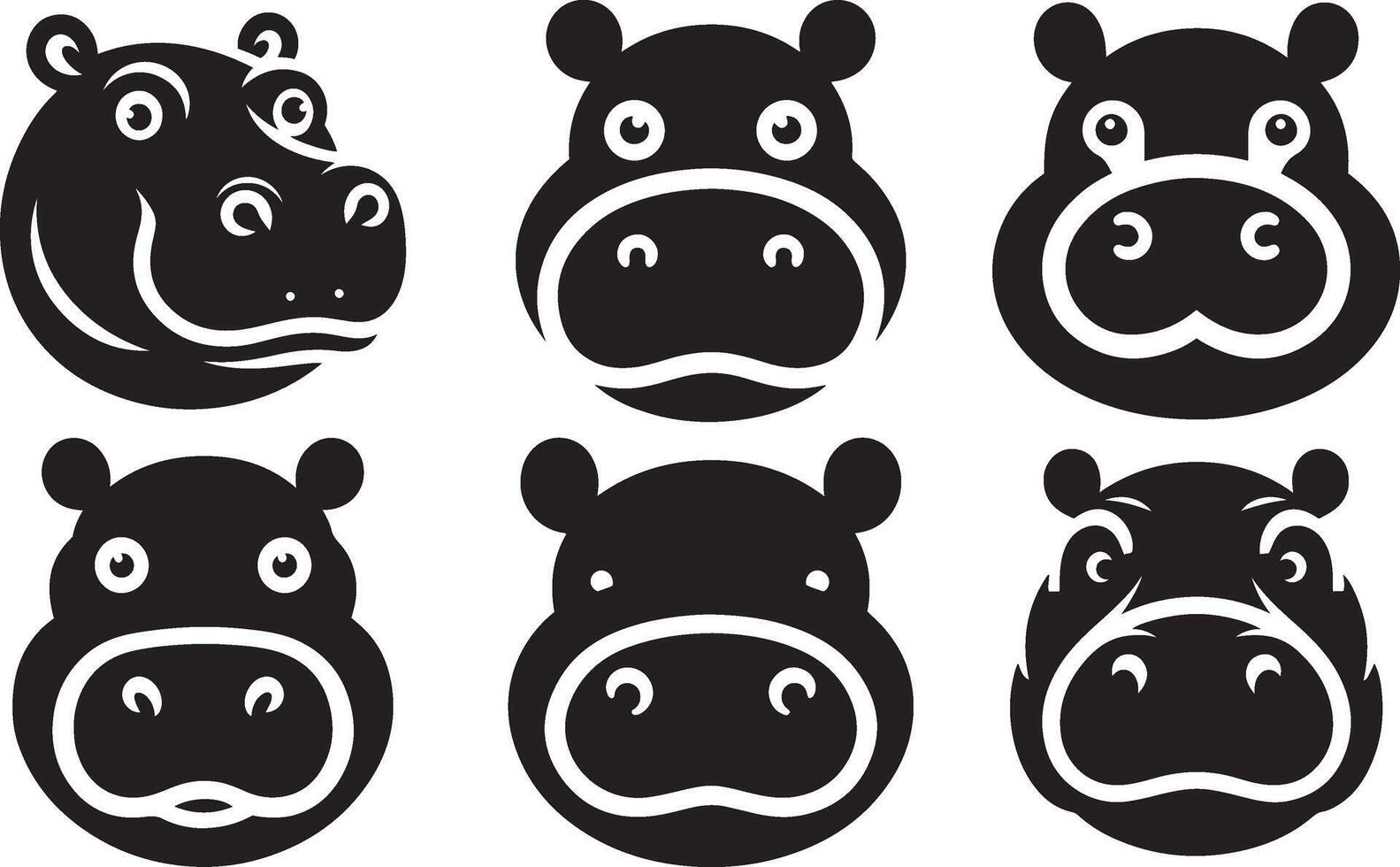 Hippopotamus head set illustration. Hippo face silhouette design. vector