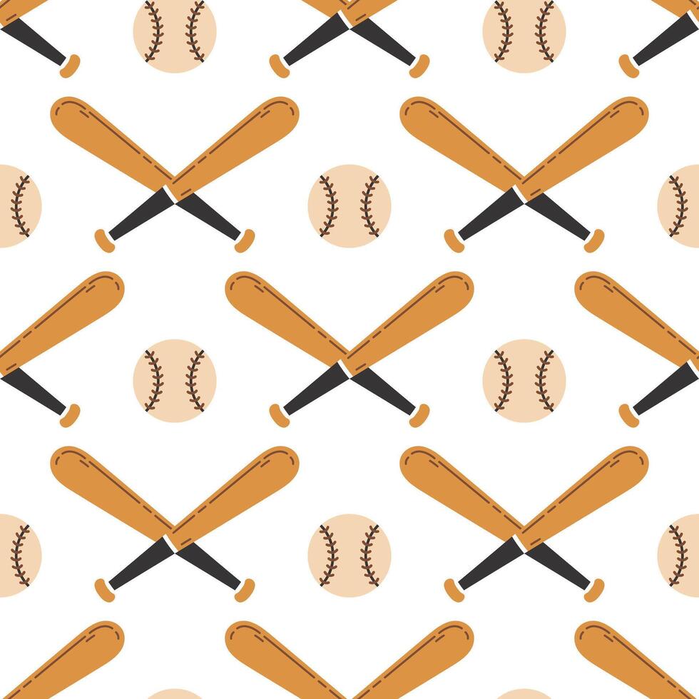 Crossed wooden baseball bats and leather balls, seamless pattern. Sports equipment for USA softball, training, competition. Game match tools. Hand drawn background, cartoon ornament for print vector