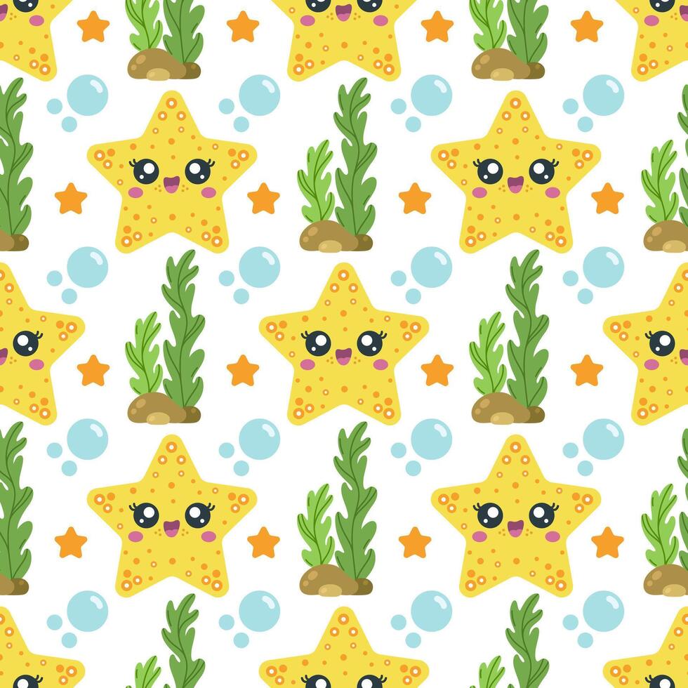 Cute starfish seamless pattern. Funny ocean animal smiling. Ornament with a yellow character. Happy underwater star on the seabed among seaweed, bubbles. Colorful sea background for kids vector