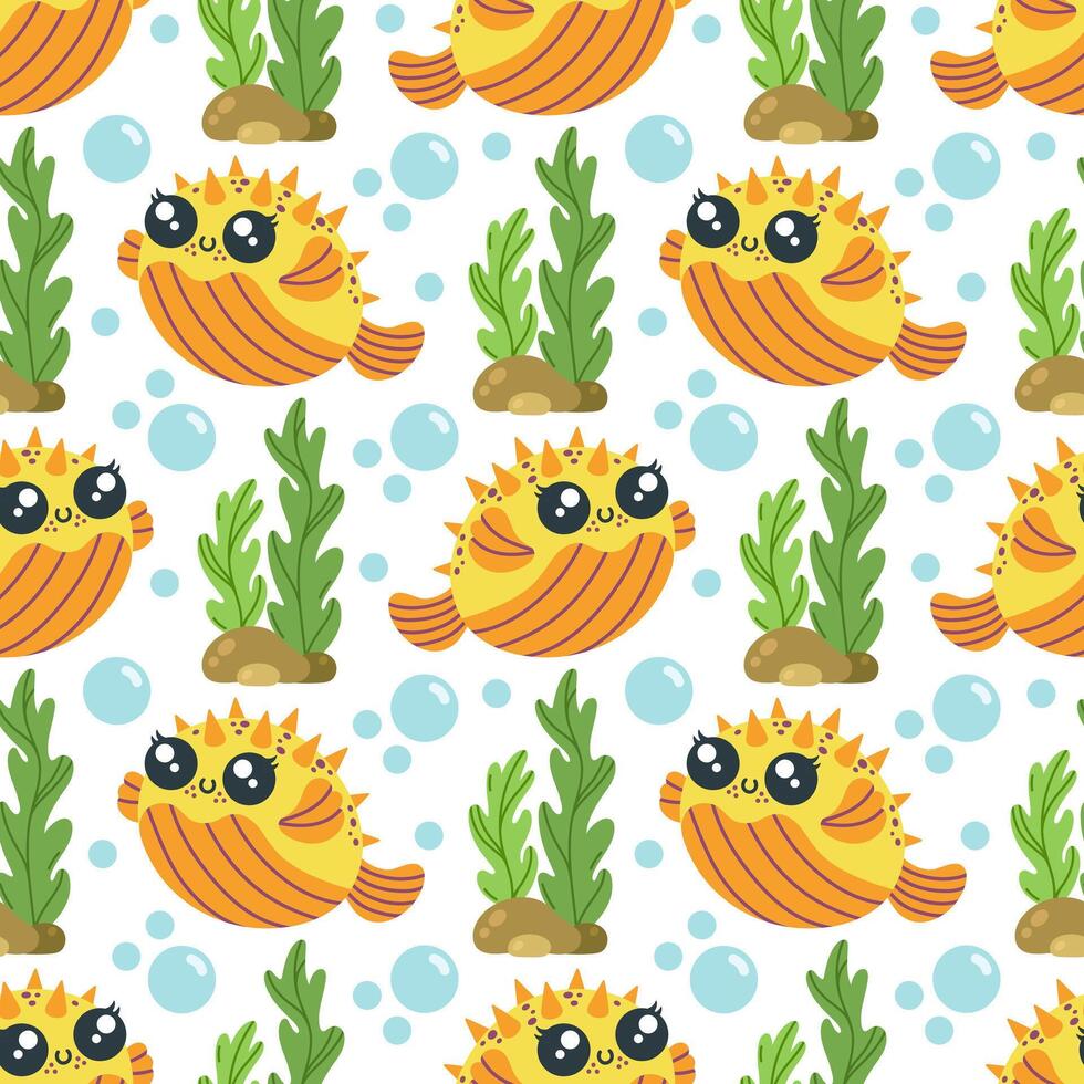 Puffer fish seamless pattern. A funny orange animal swims among reef seaweed, bubbles. Happy aquarium fugu with spines. Underwater ocean blowfish, wild life. Cartoon marine background for kids vector