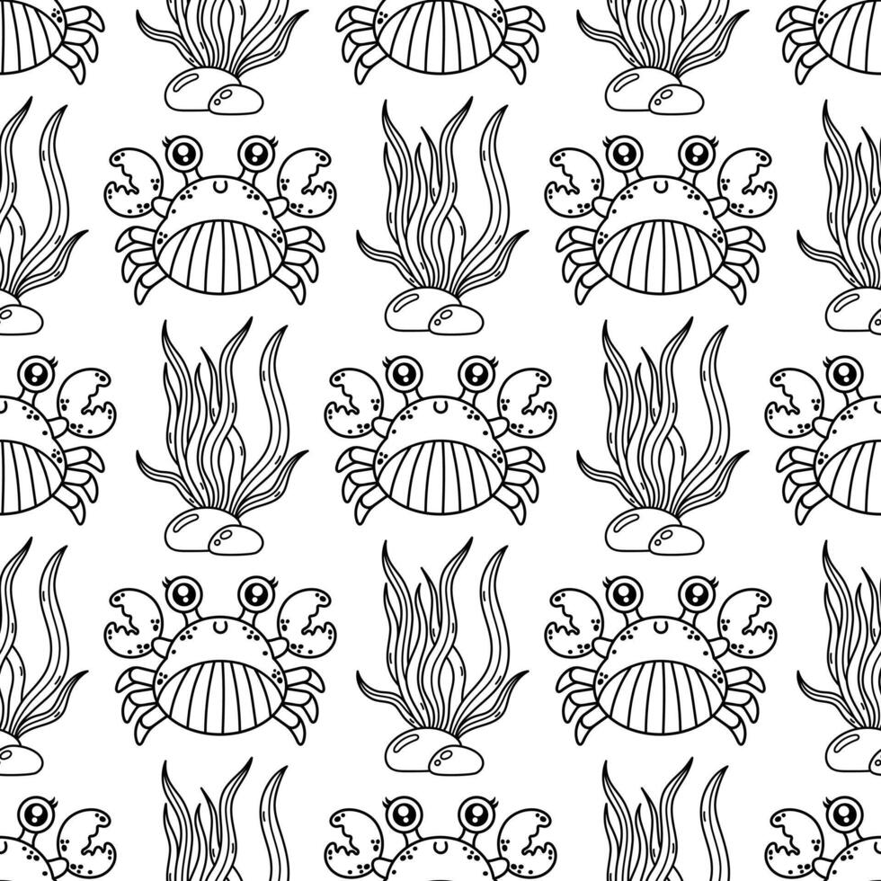 Funny crab seamless pattern. Aquatic animal in a shell, with claws. An ocean creature swims on the seabed among seaweed. Coloring book for kids. Hand drawn outline, marine background vector