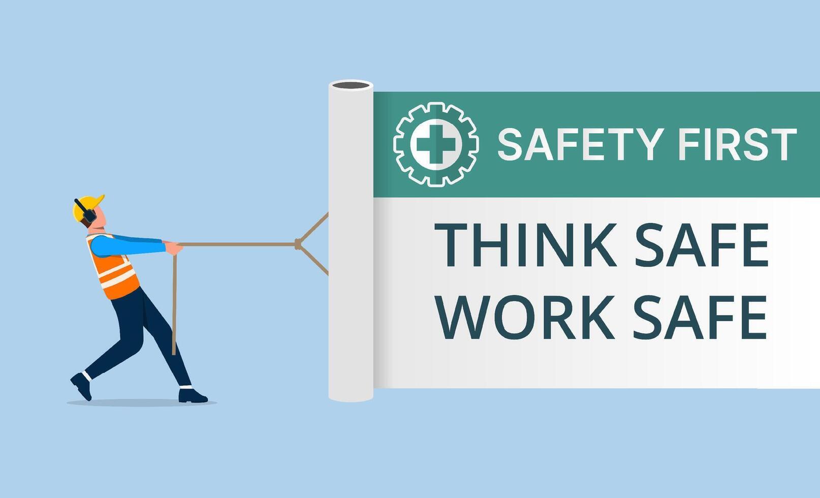Occupational safety and health administration, caution work hazards, danger surveillance, zero accident concept. A worker pulling white curtain with the text safety first vector