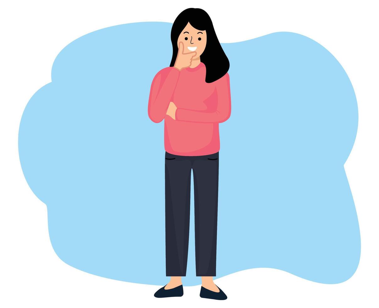portrait smiling woman standing with crossed arms and hand hold chin pose vector