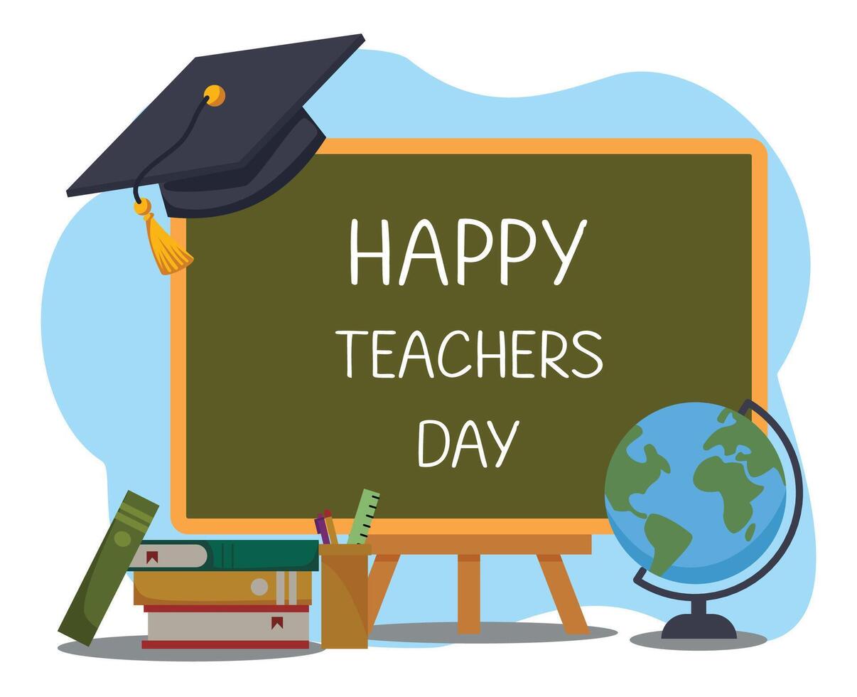 Teachers day illustration with blackboard and different teaching elements vector
