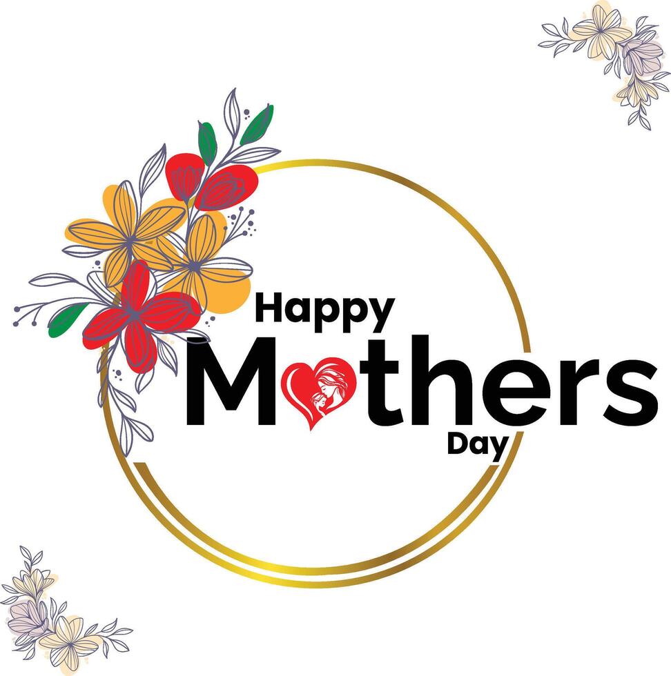 Happy Mothers Day greetings design with golden frame, colorful flower and red heart shape vector