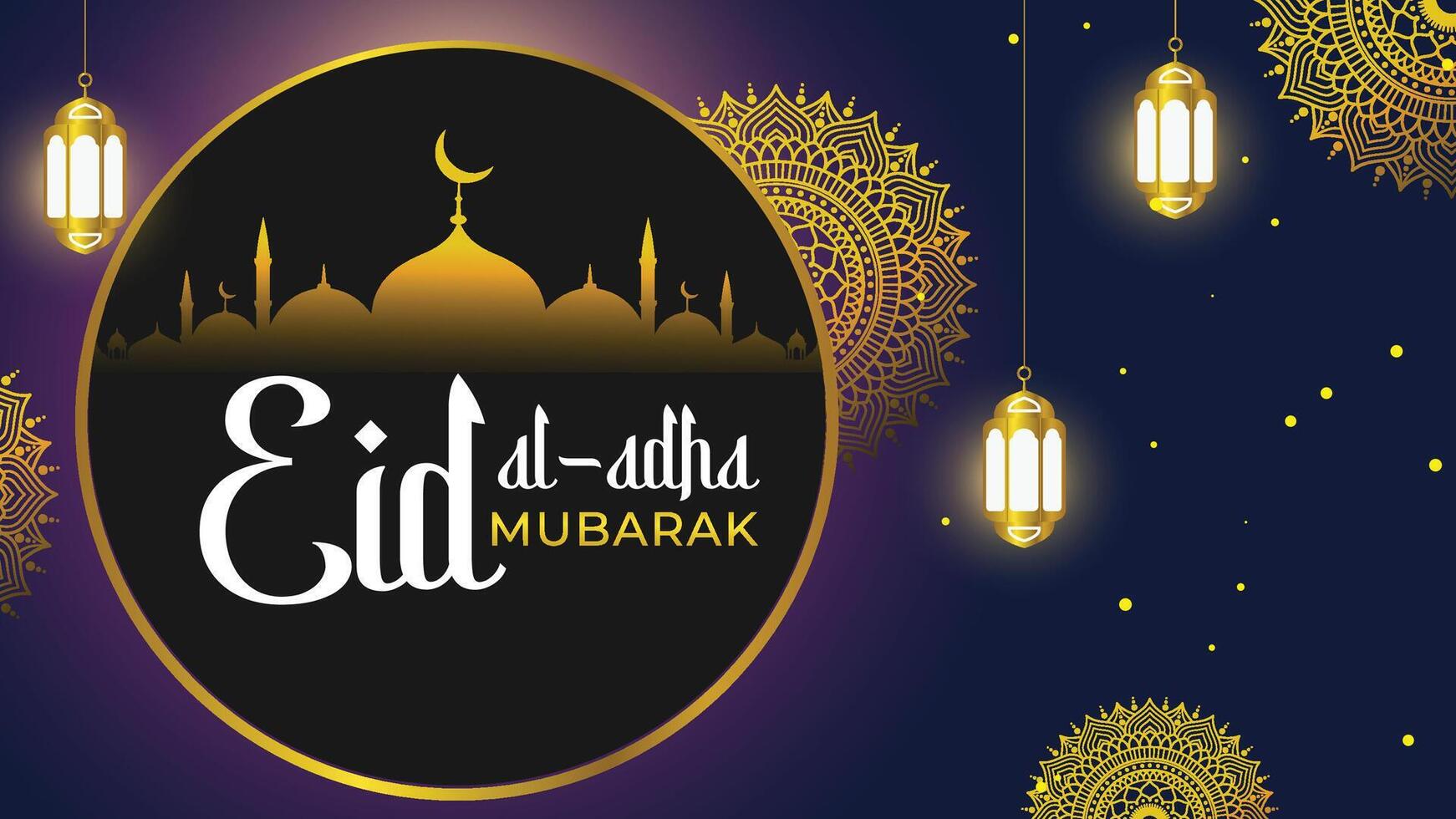 Eid al Adha Mubarak background with gold color. calligraphic inscription translated into English as Feast of the Sacrifice. Drawn mosque night view. with golden decorative lanterns. vector