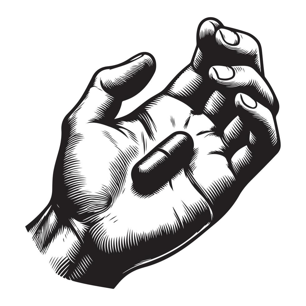 bare hand holding a pill, black color silhouette vector