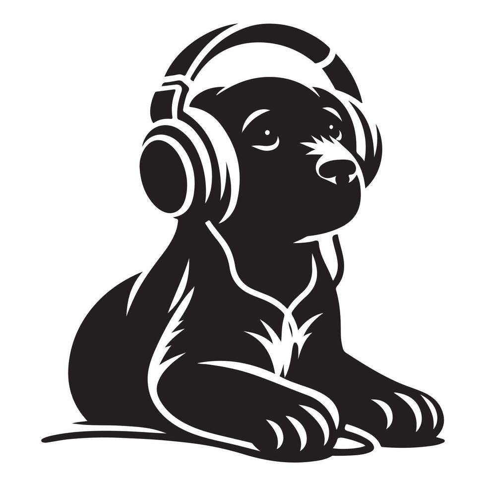 Dog in headphones listening to music, black color silhouette vector