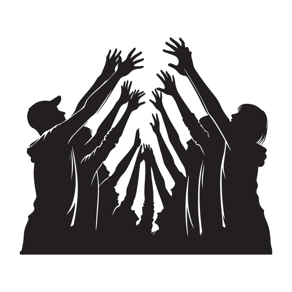 Friends stretching hands toward each other against, black color silhouette vector