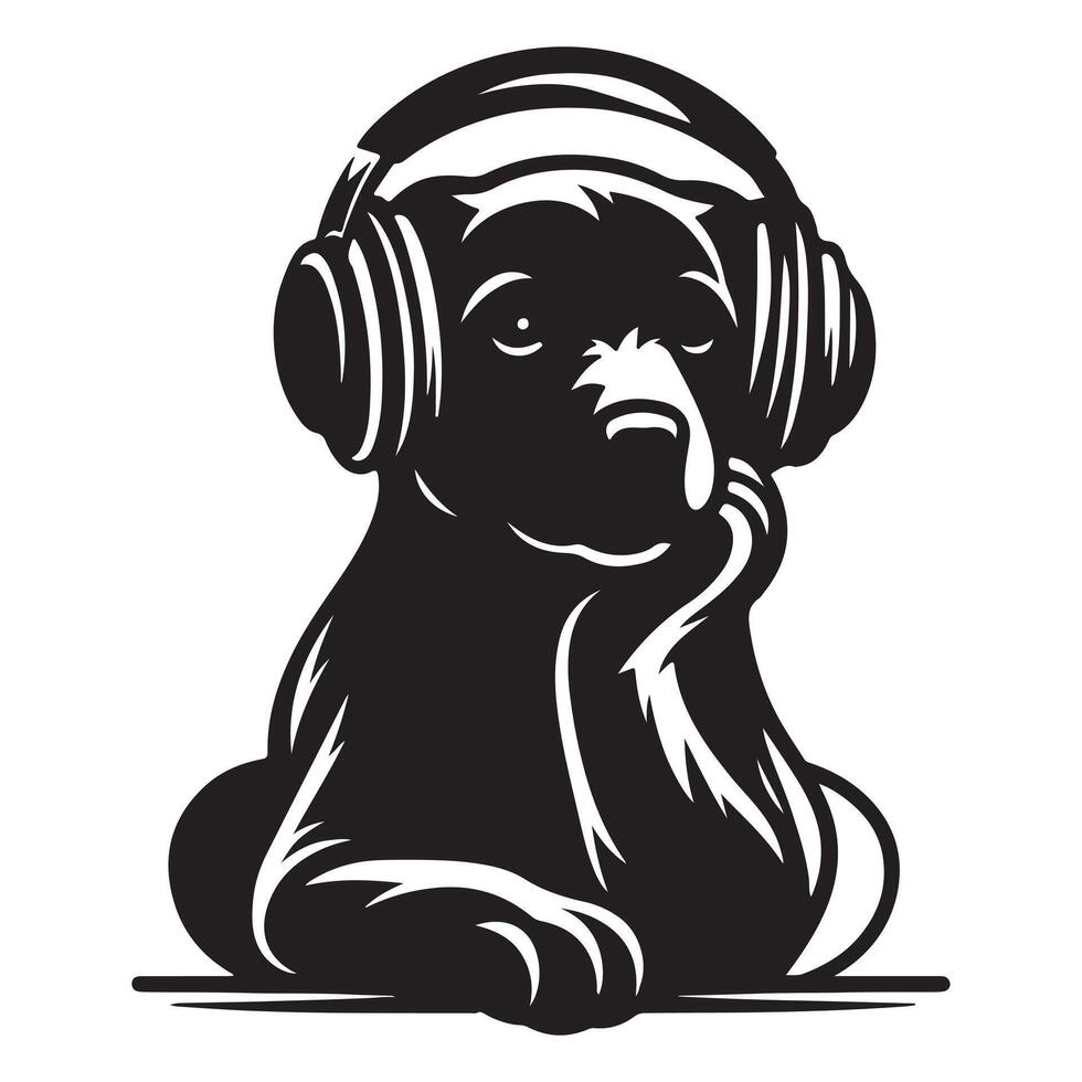 perro en auriculares escuchando a música, negro color silueta vector