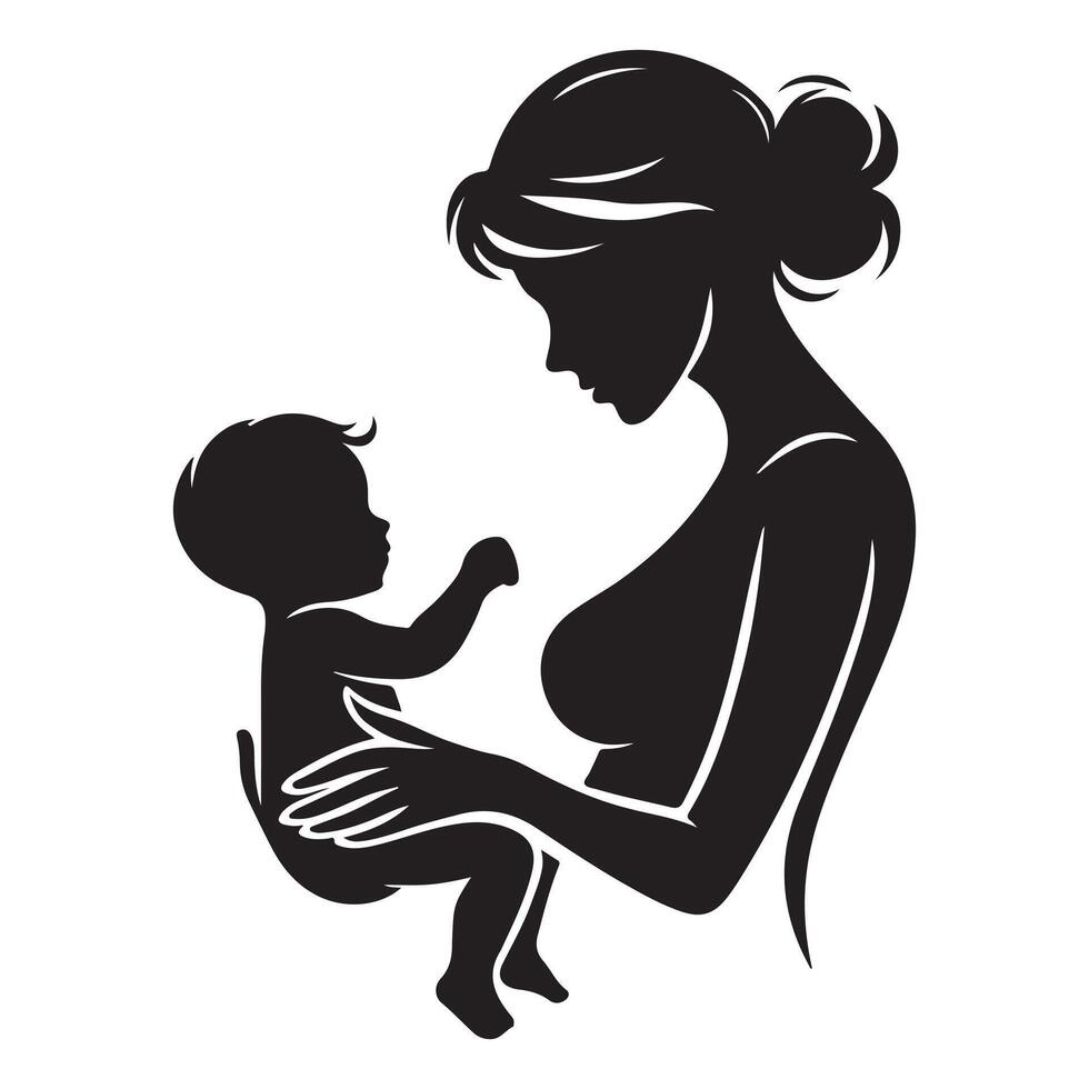 Mother holding baby sons hand, black color silhouette vector