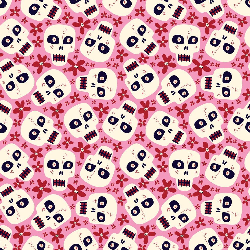 cute cartoon seamless pattern with funny skulls with a flowers vector