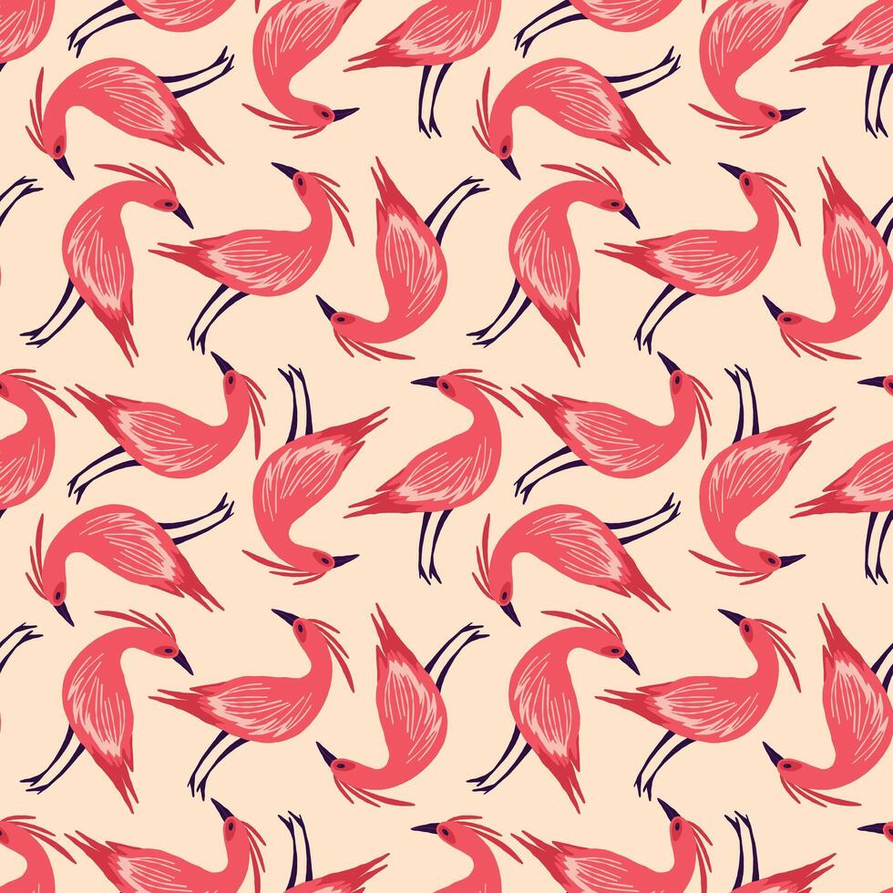 A pink and red bird patterned fabric with birds of various sizes and positions vector