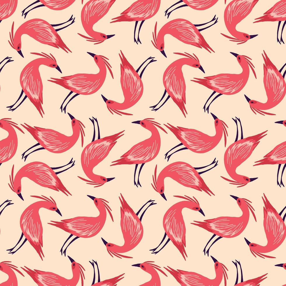 A pink and red bird patterned fabric with birds of various sizes and positions vector