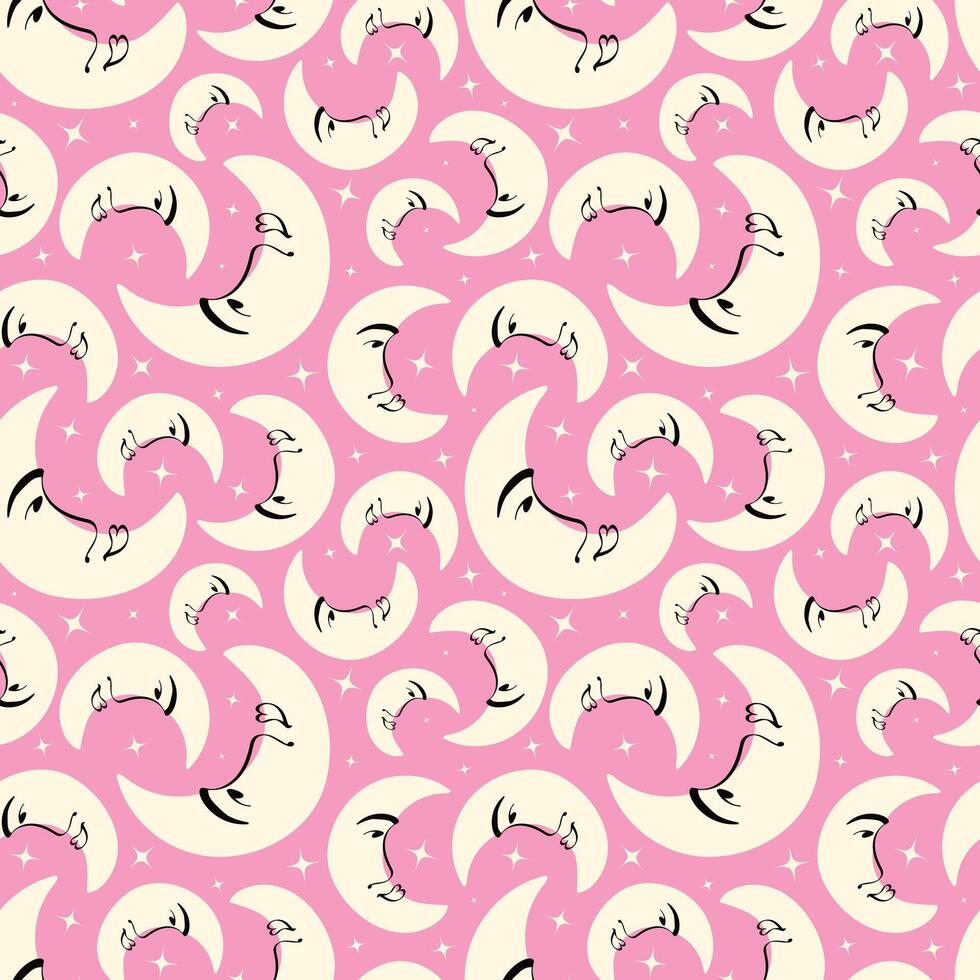 A pattern of pink and yellow crescent moons with stars vector