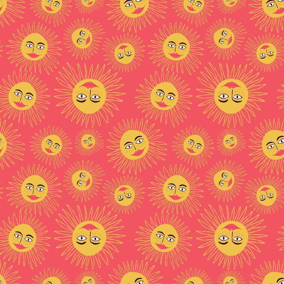 seamless pattern with funny cartoon sun on a orange background vector