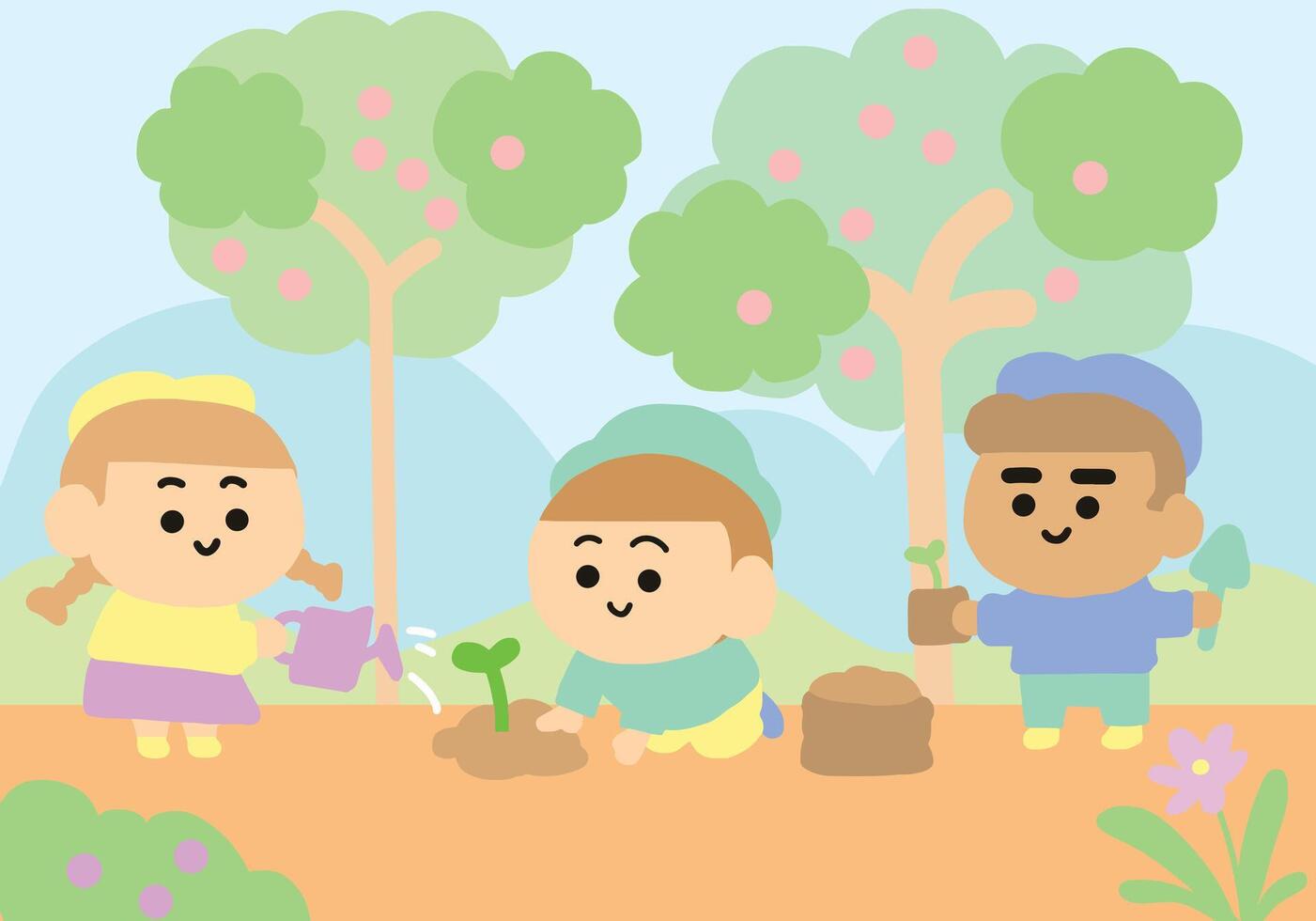 niños plantando el árbol en jardín. vector