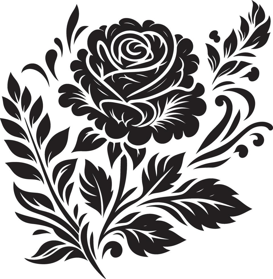 decorative rose with leaves, black color silhouette vector