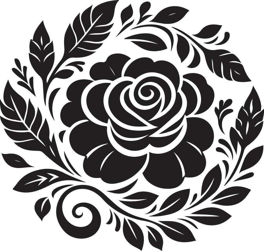 decorative rose with leaves, black color silhouette vector