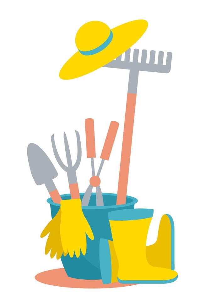 Summer gardening tools in a bucket. Work and rest in balance concept. Hand drawn illustration isolated on white background. vector