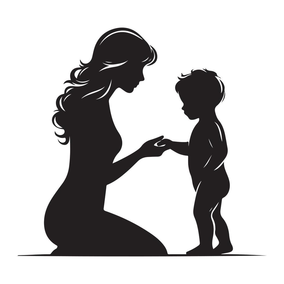Mother holding baby sons hand, black color silhouette vector