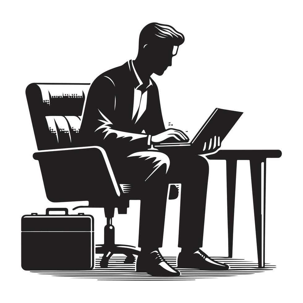 un hombre trabajando con ordenador portátil silueta vector