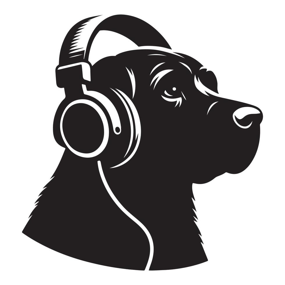 perro en auriculares escuchando a música, negro color silueta vector