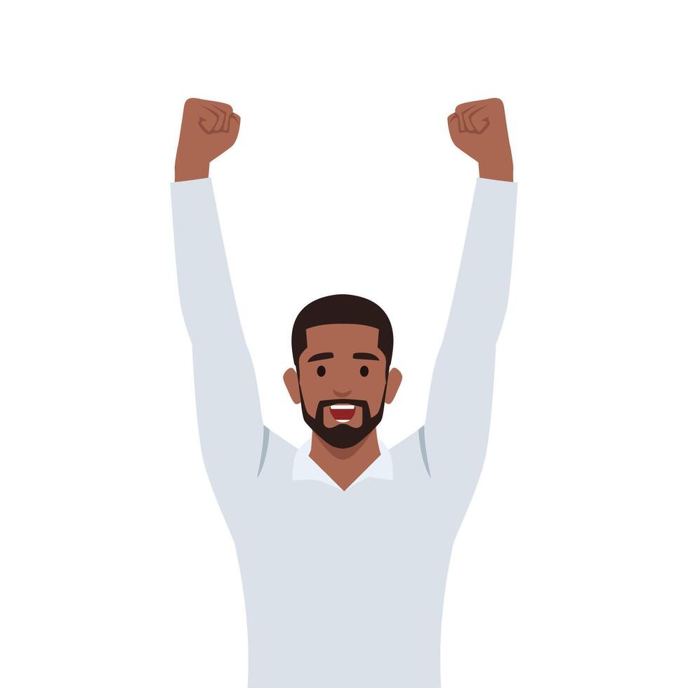 Young black man with raised hands up celebrating success. vector