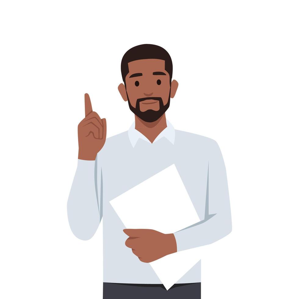 Young black man holding a paper document and pointing up. vector