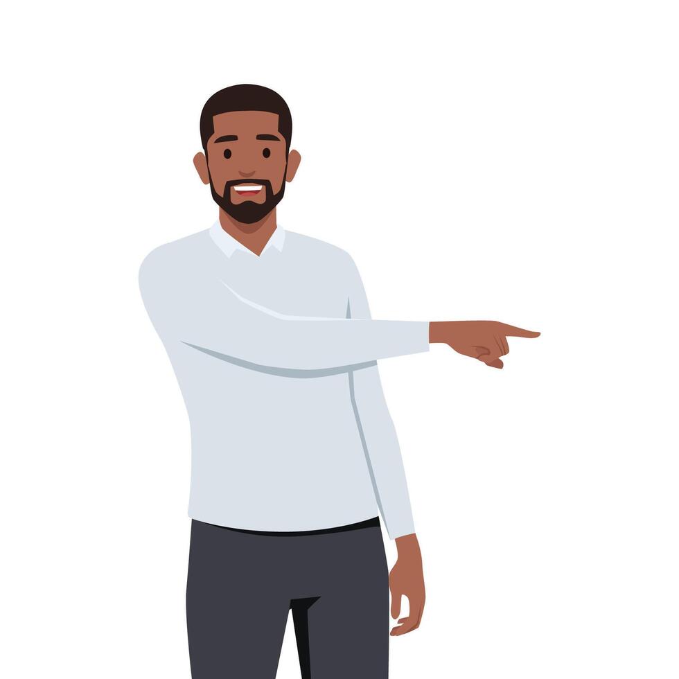 Young black man standing looking at camera and pointing with two hands and fingers to side. vector